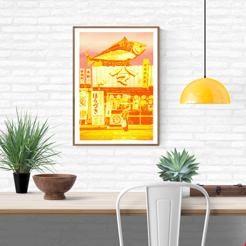 Japanese risograph art print of a red and yellow fish storefront scene by PTRVRKD, A3 limited edition wall art, vibrant neon Japanese street illustration, modern Japan-inspired risograph poster for home decor, contemporary Asian urban artwork Netherlands artist.