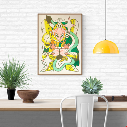 Starlight Sentinel risograph print by Belgian artist Auwnanas, featuring a vibrant, cartoon-like warrior figure with bold thick lines, bright yellow, pink and green tones, dynamic star shapes and playful abstract details. Modern A3 artwork with joyful, energetic style, perfect for colourful home décor.