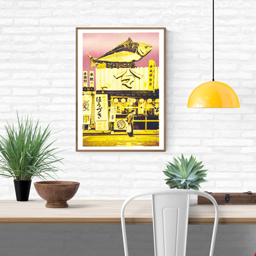Japanese risograph art print of a red and yellow fish storefront scene by PTRVRKD, A3 limited edition wall art, vibrant neon Japanese street illustration, modern Japan-inspired risograph poster for home decor, contemporary Asian urban artwork Netherlands artist.