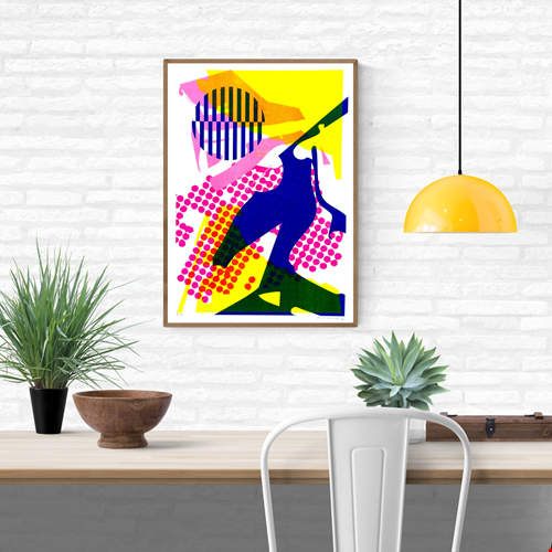 Colorful abstract risograph print by PTRVRKD featuring bold layered shapes in blue, pink and yellow, dynamic collage elements, contemporary graphic textures, limited edition A3 art print made in the Netherlands, modern wall art for vibrant home decor.
