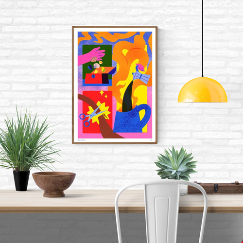 Limited edition A3 risograph print titled “Back to Business” by Clara Hinoveanu, featuring vibrant abstract figures, expressive hands, and everyday work symbols in bold pink, orange, blue, and yellow tones, printed on Munken Print White paper in Belgium.