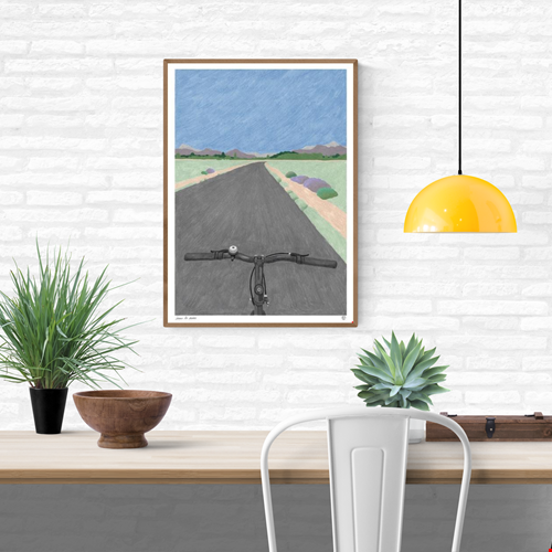 A3 limited edition risograph print titled “Sans les mains” by Belgian illustrator Téo Transinne, showing a calm road seen from a bicycle perspective, printed in three soft colours on Munken Print White paper, numbered and signed contemporary illustration.