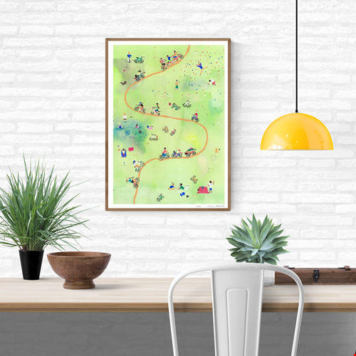 Limited edition A3 risograph print by Viola Amman showing cyclists and small figures moving through a soft green landscape, playful and airy composition, contemporary illustration printed on Munken Print White paper, signed and numbered art print.