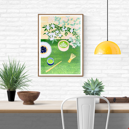 A3 art print "Matcha Time" by Leens featuring a flat-lay composition with a matcha latte in a ceramic bowl, bamboo whisk, green tea cup, tart with blueberries, floral branches, and Japanese wave patterns. Perfect for tea lovers and kitchen decor.