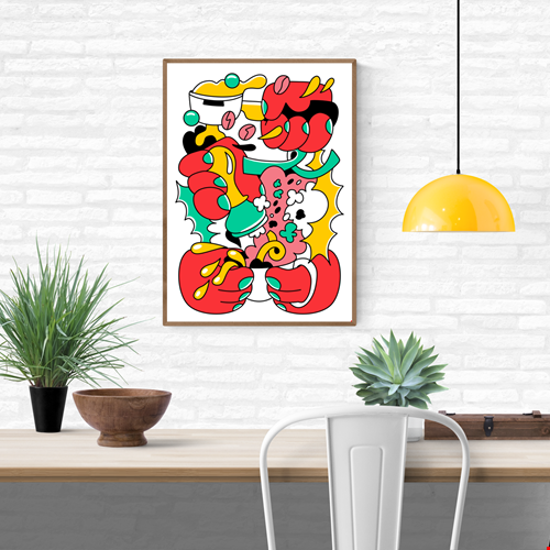 Vibrant risograph illustration “Stamp Stamp” by Auwnanas, featuring bold red, yellow, green, and pink abstract shapes with dynamic movement and playful cartoon energy. Limited edition A3 art print perfect for modern interiors, design lovers, and collectors of colourful contemporary wall art.