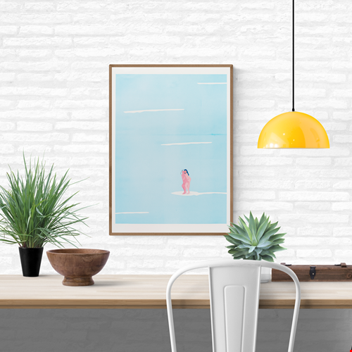 Minimalist illustration of two nude women surfing on a soft pastel sea by Studio Stoutpoep – contemporary Belgian art print in A3 size, featuring surreal humor and intimacy.