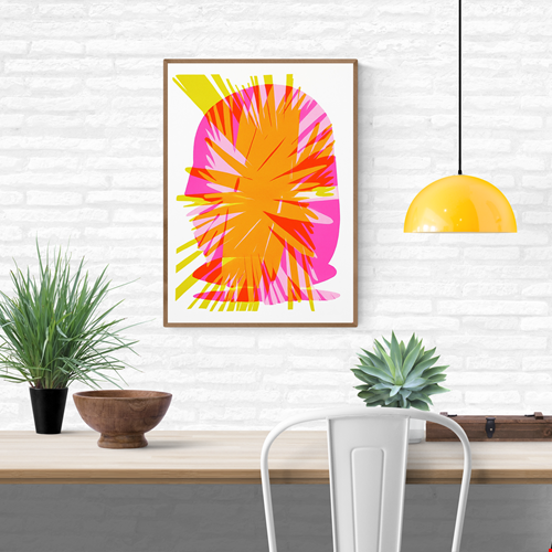 Abstract A3 risograph art print by PTRVRKD featuring vibrant layers of orange, pink, and yellow with bold, graphic explosion design – limited edition, handprinted in the Netherlands