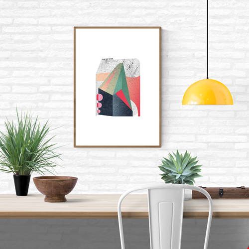 Limited edition abstract art print titled “I Do Not Want To Know” by Belgian illustrator Gert Paenen, featuring a geometric structure with pink, teal, black and coral tones, textured finish, hand-signed, 30x40 cm.