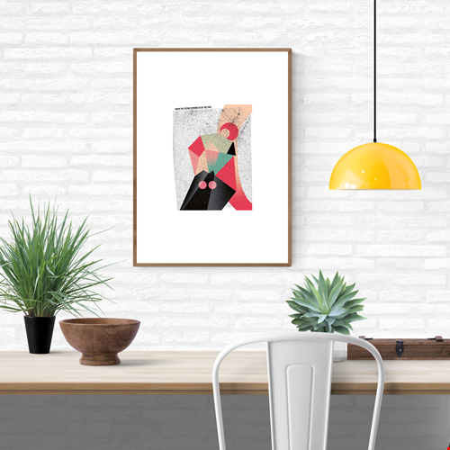 Abstract art print titled “When the Future Reminds Us of the Past” by Gert Paenen, featuring geometric shapes in pink, coral, green, and black with retro textures, hand-signed limited edition, 30x40 cm.