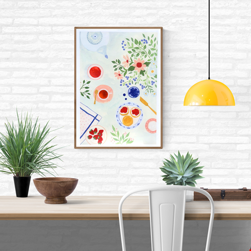 A3 digital illustration print titled "Tea Time" by Leens, featuring a top-down flat-lay of a breakfast scene with tea cups, scones with jam, blueberries, strawberries, a yellow knife, and soft pink and blue floral accents on a pastel background. Perfect for decorating kitchens or dining spaces with a cozy and fresh vibe.