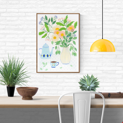 A3 art print "Afternoon Tea" by Leens featuring a pastel floral bouquet in a striped vase, vintage teapot, teacup, and dotted tablecloth. Perfect artwork for kitchens, tea lovers, or serene home corners.
