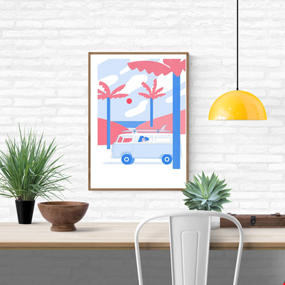 A2 risograph print by Belgian illustrator Studio Stoutpoep featuring a colorful retro campervan named Fanny, inspired by a road trip in Sardinia, printed in limited edition with eco-friendly inks.