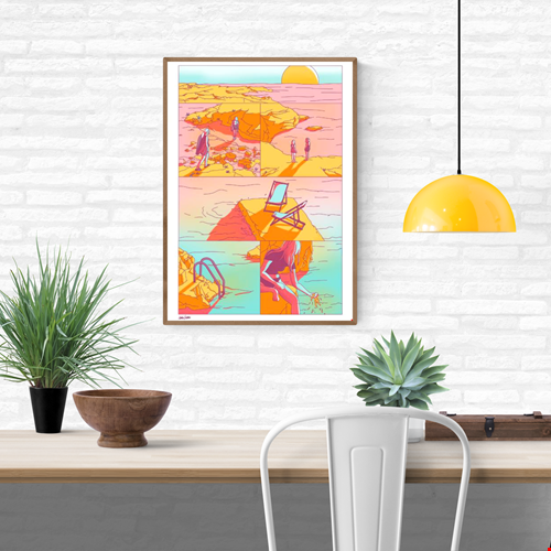 AOÛT 99 by Camille Berniard – limited edition 4-color risograph art print in warm pink, orange, and turquoise tones, depicting sunlit coastal scenes with figures and a deckchair. A nostalgic summer artwork on Munken Print White paper, signed and numbered by the French artist
