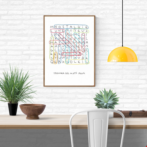 Risograph art print “Les mots doux” by Paul Lecat – colorful word search illustration featuring French words like “amour,” “soleil,” and “nostalgie” drawn in soft red, blue, and yellow lines on white background, poetic modern wall art in A3 format.