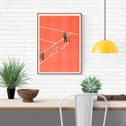 Roland-Garros art print by French illustrator Simon Bailly — risograph poster featuring a man marking tennis court lines with a curved stroke on a red clay field, surrounded by scattered tennis balls. Minimalist, witty, and modern design printed on Munken White paper by KIBLIND Workshop.
