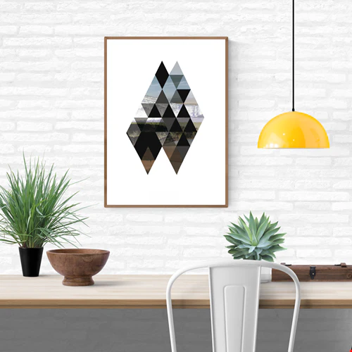 Minimalist geometric art print “Kulle” by Studio Frits, inspired by Swedish landscapes. Triangular composition mixing soft natural tones, photography, and modern Scandinavian design. Perfect wall art for contemporary, Nordic-style interiors.