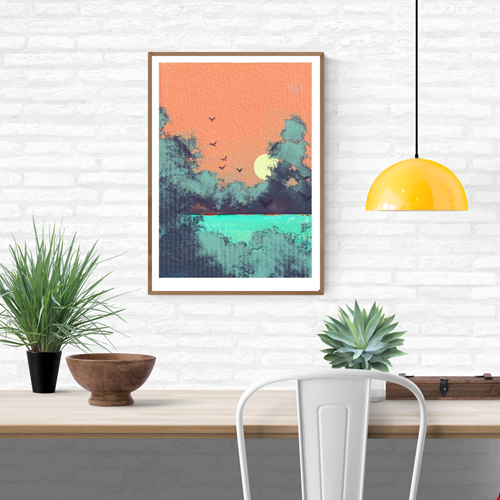 Dreamy four-color risograph art print titled Au lendemain by French artist Nattosito, featuring a soft coral sunrise over turquoise water with silhouetted trees and birds in flight. A limited edition A3 print on Munken Print White paper—perfect for modern, minimalist, and nature-inspired interiors.
