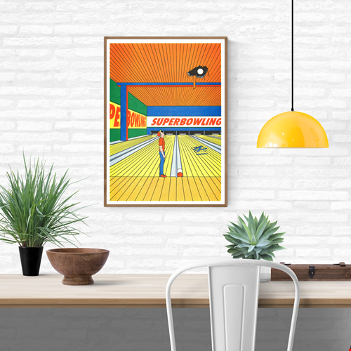 Risograph art print titled Super Bowling by French illustrator Simon Bailly, showing a man in a bowling alley looking up as a bowling ball crashes through the ceiling. The scene is drawn in a bold comic style with vivid orange, blue, and yellow colors, capturing humor and everyday absurdity in a clean, graphic composition.