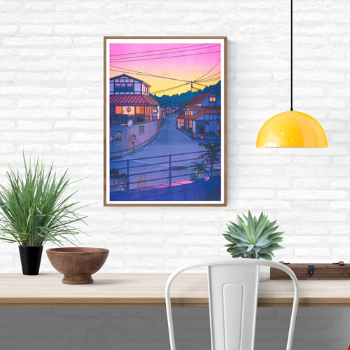 “Nowhere in Japan” risograph print by Liam Cobb – A3 art print showing a calm Japanese suburban street at sunset with pink, purple, and yellow hues, power lines above, and a cat in the foreground. Retro-inspired color palette, cinematic light, and detailed linework create a nostalgic and poetic atmosphere. Perfect for lovers of Japanese urban scenery and modern illustration.