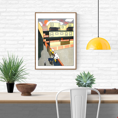 Colorful risograph print Estate Hang by Hel Covell showing three playful characters and a soccer ball in a modern urban courtyard at sunset, with geometric buildings and warm orange light — a nostalgic and tender artwork celebrating friendship and everyday life.