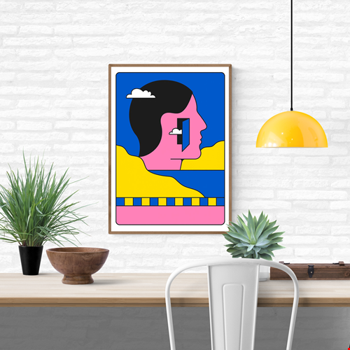 Colorful silkscreen print of a modern pink, blue, yellow graphic human face by PTRVRKD, titled Wanderer, on 50 x 65 cm 300 gsm Carson paper. Limited edition handprinted art with bold pop art style.