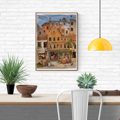 Whimsical fantasy illustration of a steampunk brewery in Antwerp with witches, dragons, and glowing lights by Lena Yampolski. Detailed giclée art print inspired by Flemish architecture, Belgian beer, and magical storytelling