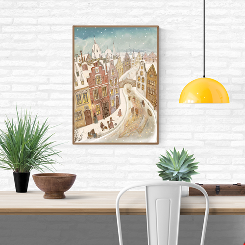 Snow Dragon art print by Lena Yampolski — whimsical winter city illustration featuring a golden dragon sleeping beneath a frozen canal, surrounded by people and snow-covered medieval houses. Cozy fairytale giclée print perfect for Christmas home decor.