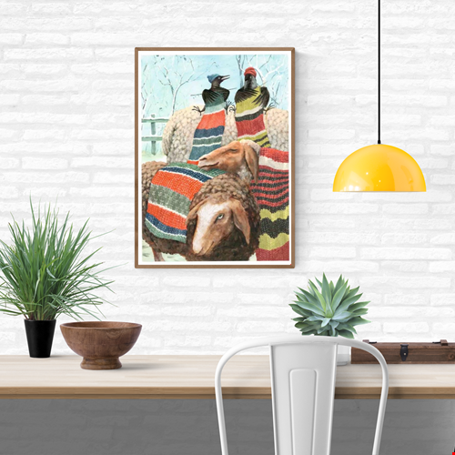 Whimsical winter illustration by Stien van Kerckhoven showing two birds knitting vibrant scarves onto sheep in a snowy landscape. A charming, humorous, and heartwarming art print that adds warmth and color to any home decor.