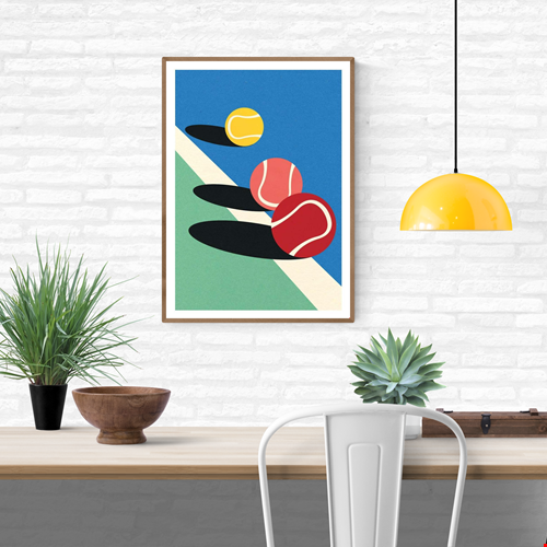 Minimalist art print 3 Tennis Balls by Rosi Feist — a vibrant digital illustration featuring three tennis balls in red, yellow, and pink with bold shadows on a blue and green court. Perfect contemporary wall art for sport lovers and modern design enthusiasts, 50 x 70 cm high-quality digital print.