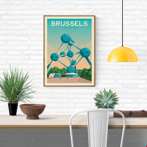 Vintage-style Brussels travel poster by Olahoop Travel Posters featuring the Atomium under a pastel sky. Retro digital art print in turquoise and orange tones, perfect wall decor for travelers and design enthusiasts. Printed in France, size 50x70 cm.