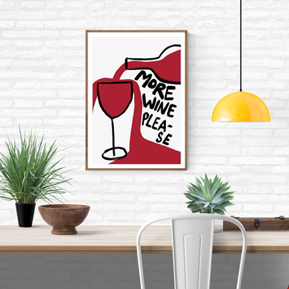 Playful wine-themed art print by Athene Fritsch featuring a hand-drawn wine bottle pouring red wine into a glass with the text “More Wine Please” in bold black letters. Perfect humorous wall art for wine lovers, kitchen decor, or dining spaces.