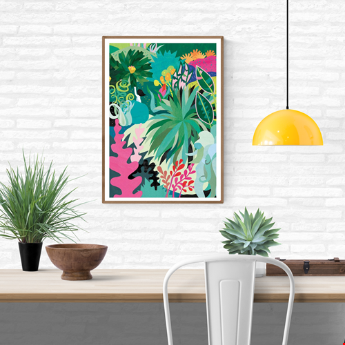 Colorful botanical art print by Shihotana featuring a vibrant jungle scene with lush tropical leaves, pink and green foliage, and abstract organic shapes. Perfect modern wall art for bright interiors and nature lovers.
