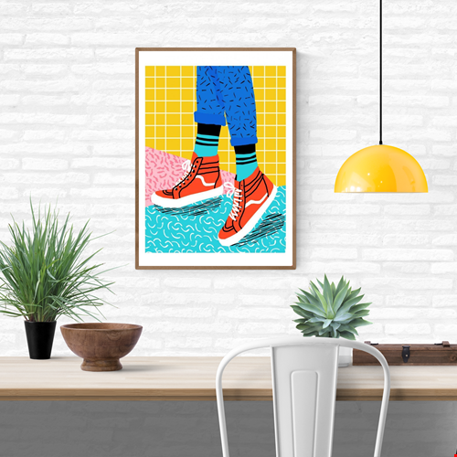 Vibrant pop art print titled Toe Drag by Wacka showing red high-top sneakers, bright patterned socks, and rolled-up blue jeans against a colorful Memphis-style background in yellow, pink, and turquoise — modern street art poster, 50x70 cm digital print, perfect for contemporary interiors and sneaker lovers.