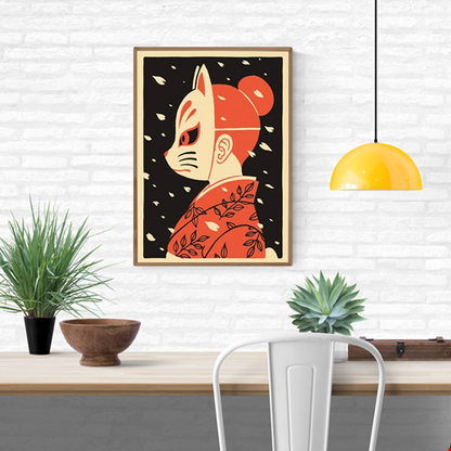 Hanami art print by Yeaaah! Studio – Japanese kitsune fox mask girl in kimono illustration, inspired by folklore and pop culture, bold modern wall art on 300g paper