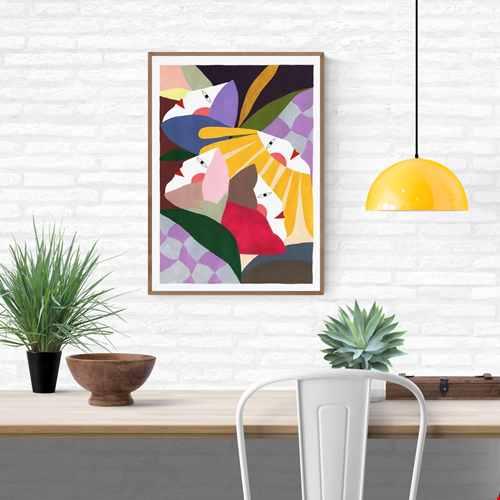 Colorful abstract art print titled Flowers & Woman by Depeapa, featuring stylized female faces surrounded by bold geometric flower shapes and organic forms in vibrant pink, yellow, purple, and green tones – modern wall art perfect for lovers of feminine, floral, and contemporary illustration.