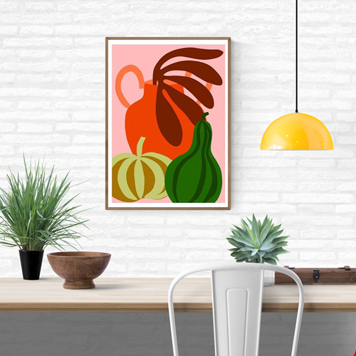 Colorful still life illustration of green pumpkin, orange jug, and gourd by Teresa Rego – modern A3 art print on 300g Munken paper, perfect for kitchen or home decor