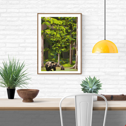 Limited edition forest illustration ‘Momma Bear’ by Floor 4 Productions, showing a mother bear and cub in a lush green woodland with layered geometric shapes; A3 four-color print on 300 gsm matte textured paper; modern nature wall art from Belgium.