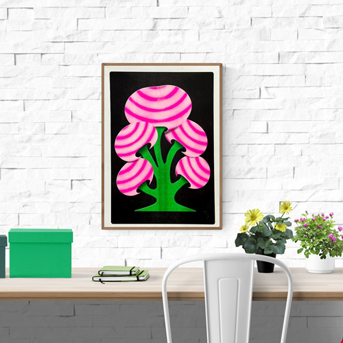 Limited edition A3 risograph print by Dutch illustrator PTRVRKD – bold funky mushroom design with green organic stem, large pink striped caps, and deep black background, printed with eco-friendly soy inks on 200 gsm paper, handmade in the Netherlands – signed, numbered, and strictly limited to 6 copies.