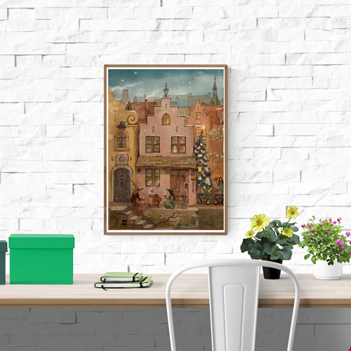 “The Potion” by Lena Yampolski – A4 fantasy art print of two witches sharing a drink in a snowy medieval village, with cozy lights, a decorated tree, and whimsical architecture. Folklore-inspired giclée print made in Belgium.