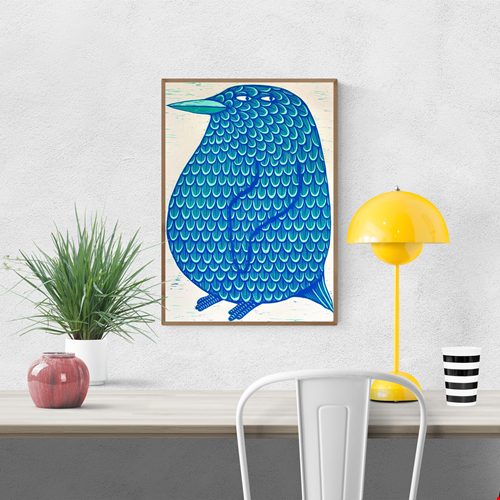 Limited edition 50 x 70 cm woodcut titled Waddle I Do by Northern Irish artist Strangford. Features a whimsical blue bird with expressive eyes and intricate feather textures, hand-printed using oil-based ink on 300g paper. Edition of 90, handcrafted in Northern Ireland.