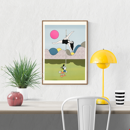 Risograph print titled Pole Position by Studio Stoutpoep, showing a pole dancer above a cartoon character in a surreal, humorous scene. A3 format, erotic pop art style, printed in Belgium on eco-friendly paper.