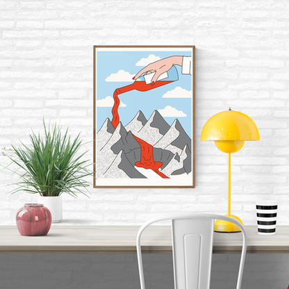 A3 risograph print titled Mountains and Wine by Belgian illustrator Studio Stoutpoep. Features a surreal scene of a giant hand pouring red wine over cartoon-style snowy mountains, turning it into a flowing river. Printed with soy-based inks on recycled paper in Belgium.