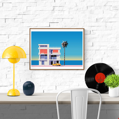 Summer by Vistas Studio – 30x40 cm art print of a modern seaside villa with palm tree, blue ocean, and yellow car, minimalist vector coastal architecture illustration, perfect wall decor for beach houses and modern interiors.