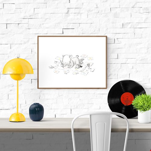Minimalist illustration by Willy Leung featuring a fluffy monster and a little girl drawing on the floor, surrounded by papers – A4 giclée print on premium Hahnemühle Photo Rag paper, signed by the artist.