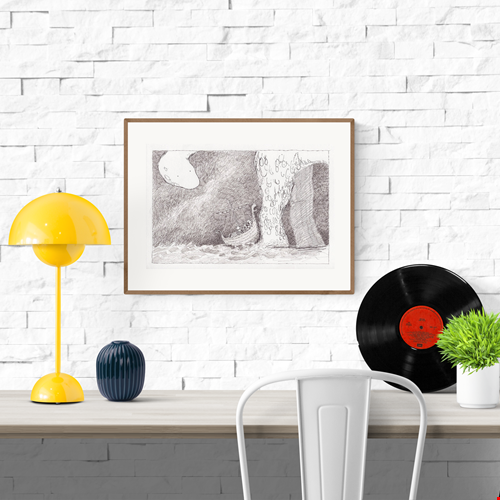 Black and white giclée art print by Willy Leung featuring a detailed drawing of a small boat sailing towards an enormous sea creature, with textured waves and a whimsical fantasy atmosphere – 30 x 40 cm fine art print.