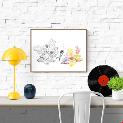 Art print of a diver exploring colourful corals by Willy Leung, minimalist illustration with fine black linework and soft pastel watercolours, Giclée print on premium paper, signed, 21 x 29.7 cm.
