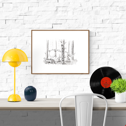 Whimsical black-and-white illustration of children hiding behind a tree while a gentle monster walks by, art print by Willy Leung — playful giclée print for kids' rooms and fantasy art lovers.
