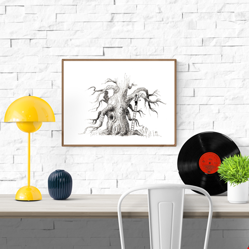 Minimalist black-and-white art print of a child climbing a ladder to tend to a wounded tree — emotional and poetic illustration by Belgian artist Willy Leung, perfect for nature lovers and thoughtful spaces.