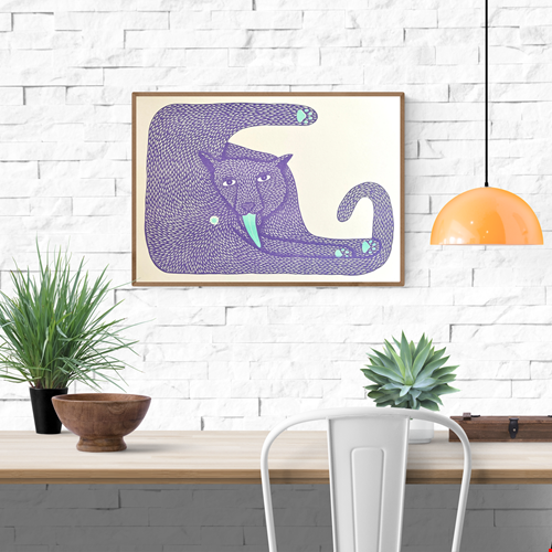 Colorful risograph illustration of a stylized animal with textured purple fur, expressive eyes, and a striking turquoise tongue; titled Wet Ass Penelope by artist Strangford, printed on A3 recycled paper in Northern Ireland.