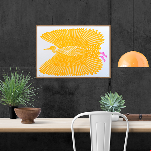 Vibrant risograph art print of a golden-yellow bird in flight wearing humorous pink polka-dot socks, titled Feelin’ Fly by Strangford, printed on recycled A3 paper in Northern Ireland.